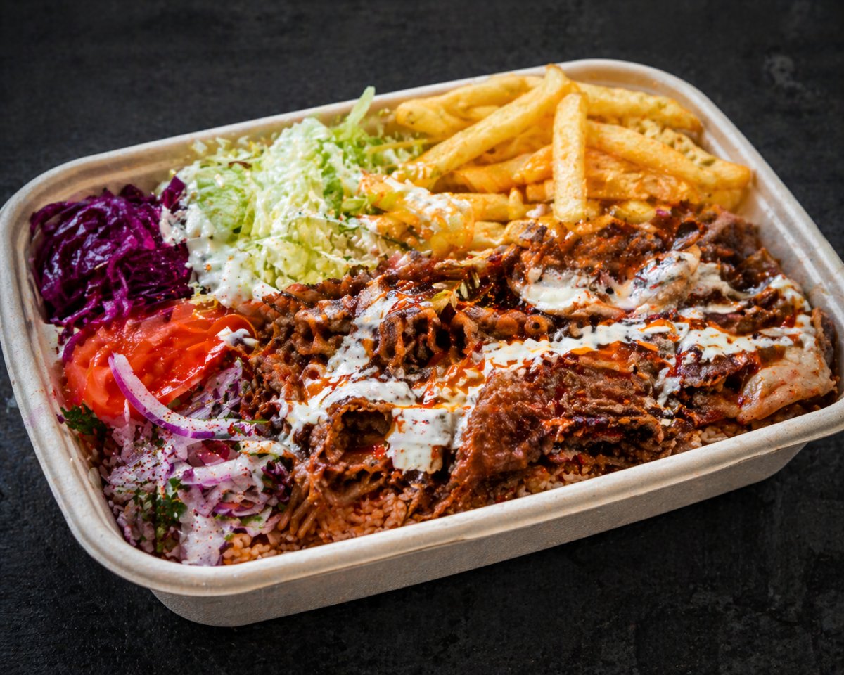 Kebab barquette avec frites et salade