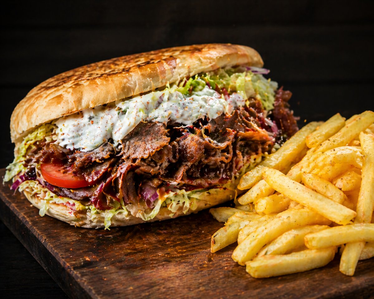 Kebab sandwich servi avec frites